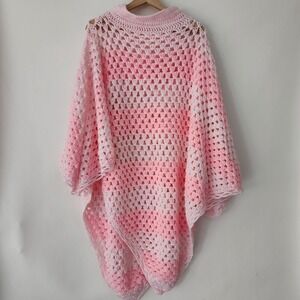 Vintage Handmade Pink White Ombre Crochet Poncho Shawl Collar‎ adult one size